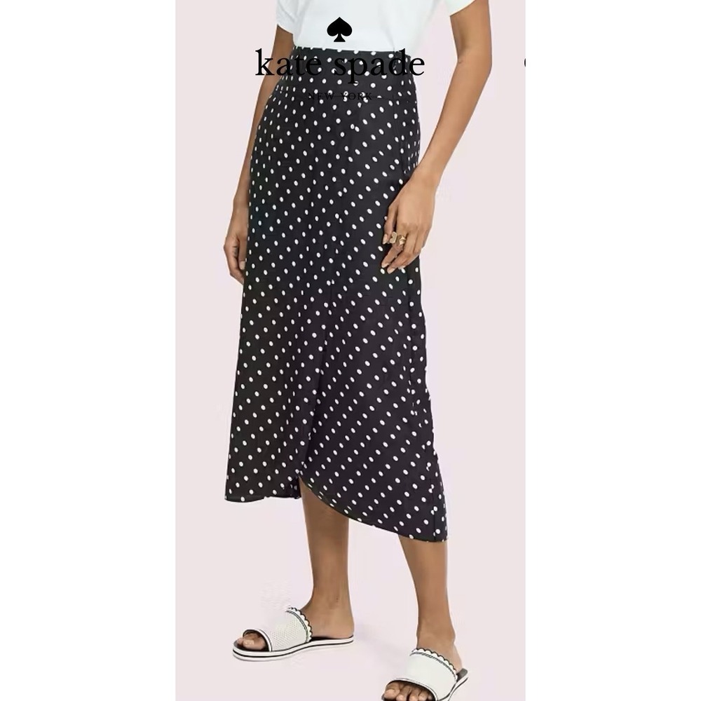 Kate Spade Polka Dot Silk Blend Midi Skirt Black White Cabana‎ Size 12
